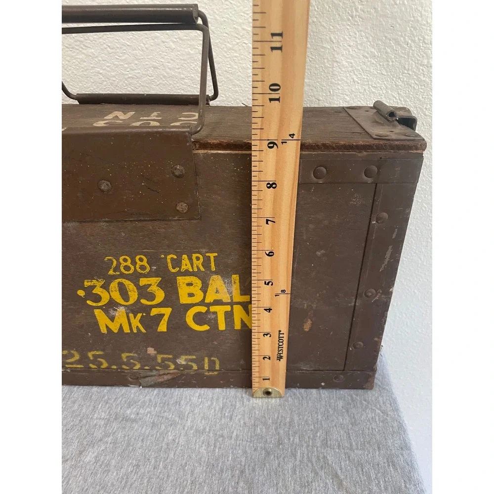 Vintage .303 Ball Mk 7 Ammo Crate Military Wooden Box Brown Fair Stenciled Latch
